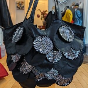 Vtg Leather And Sequin Purse